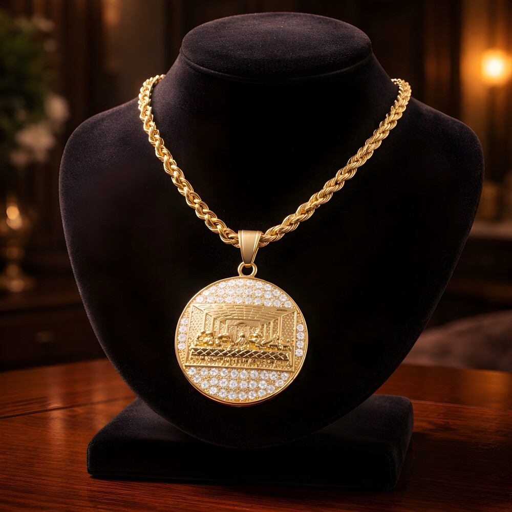 The Last Supper CZ Necklace Pendant with 18k Gold 24 Inch Rope Chain Necklace